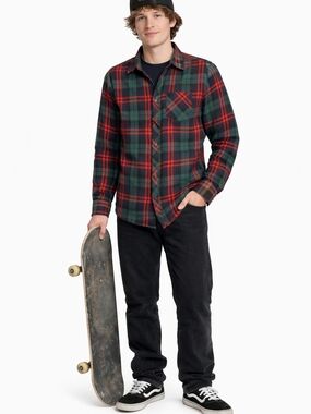 Men's Red & Green Plaid Button-Down Shirt Size M